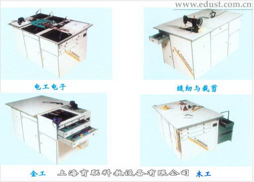 中小学多功能劳技实习室设备 一桌七用多功能实验桌,完全满足教学大纲规定课程的内容。 1、烹饪: 可以完成常用工具的认识和使用,主食的制作,以蛋、蔬菜肉类为原料的菜肴有制作等教学任务。 2、洗涤: 可以完成常用工具的认识和使用,常见织物的洗涤方法、搓、漂洗等教学任务。 3、手工工艺: 可以完成纸工(剪、粘、拆、贴)扎糊、竹工,雕刻(竹、砖、泥、泡沫饭)纺织,刺绣、盆景等制作教学任务。 4、电子电工: 可以完成常用的认识和使用,电烙铁焊接技术,一般电路的论认识,装配一般的收音机、电子门铃、照明